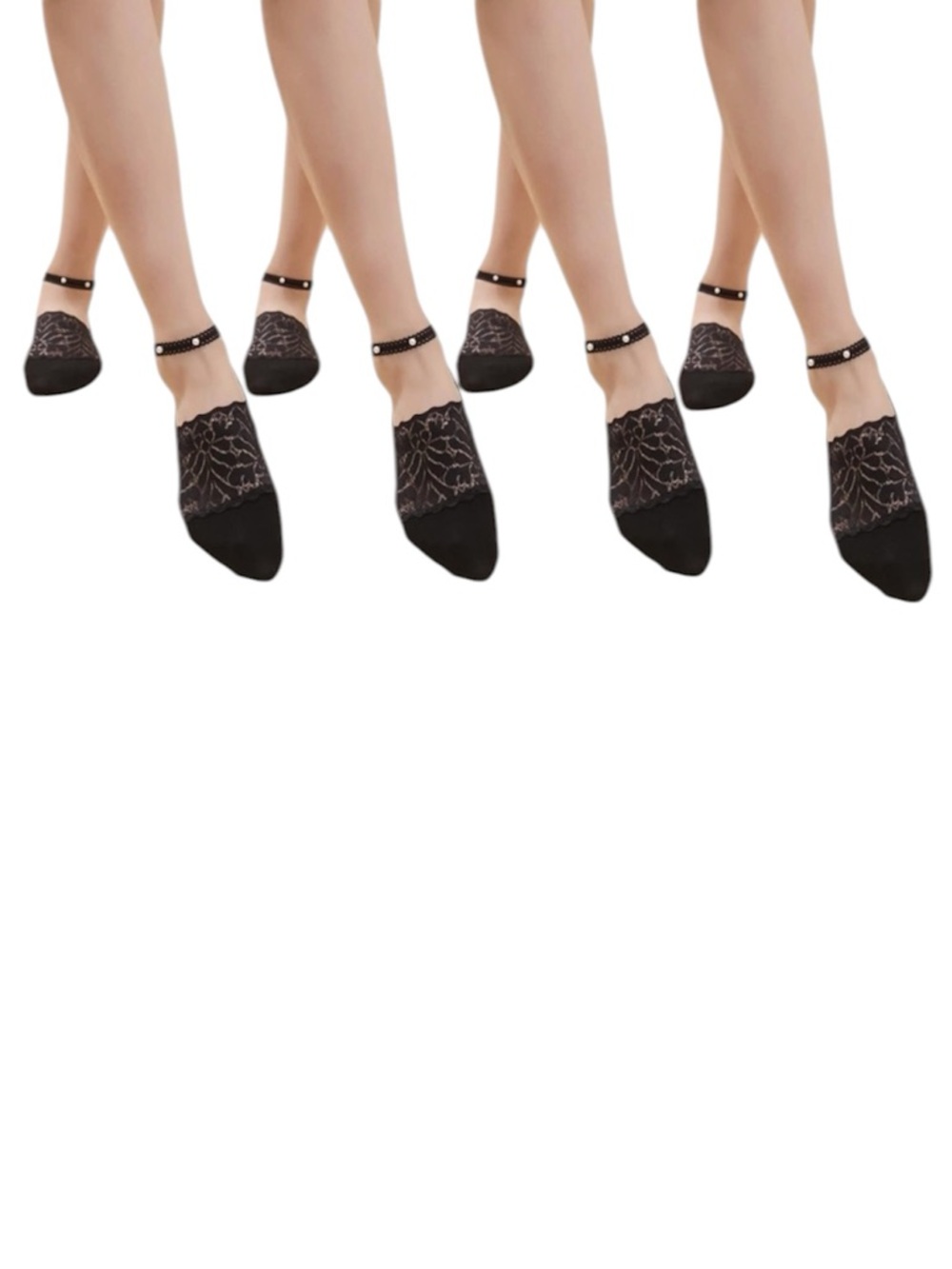 Pearl Lace Black No Show Socks Cotton Four Pair Ankle Strap White Pearl Accents